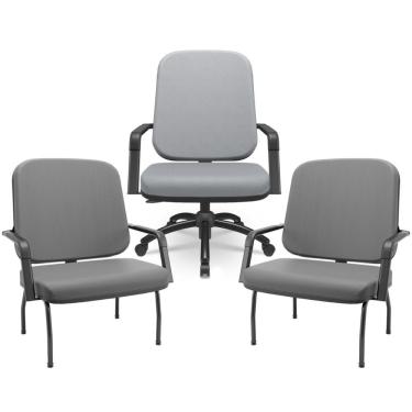 Imagem de Kit Cadeira De Escritório Giratória E 2 Cadeiras Fixas Preta Magno P03 Vinil Cinza - Lyam Decor