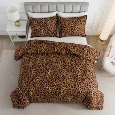 Imagem de Caressma Conjunto de edredom marrom com estampa de guepardo safári leopardo, tamanho king size, 3 peças para todas as estações, estilo selvagem selvagem selvagem com fronhas, microfibra ultramacia