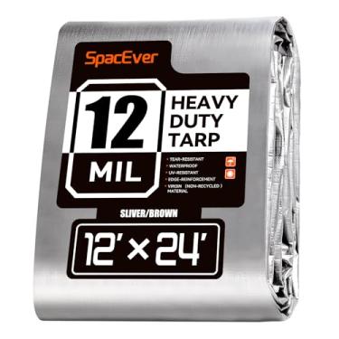 Imagem de Spacever Lona resistente de 30 x 61 m, lona grande de 12 mm de espessura à prova d'água com ilhós, resistente a UV e rasgos, capa de plástico para barraca de piscina lenha, prata e marrom