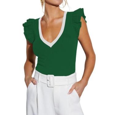 Imagem de Blusa sem mangas de verão BONITEE verde escuro com decote em V, babado