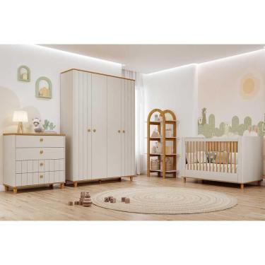 Imagem de Quarto Infantil Completo Cupcake 4 Peças (guarda Roupa+cômoda+berço+estante) Qi103 Off White/nature - Permóbili Baby