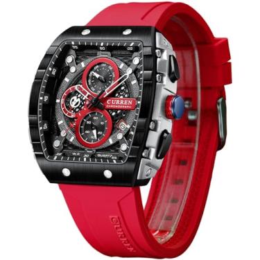 Imagem de FORSINING Relógio esportivo masculino de quartzo Tonneau, cronógrafo/cronômetro com mostrador de data, pulseira de silicone à prova d'água em forma de barril, 6 cores esportivas, Vermelho