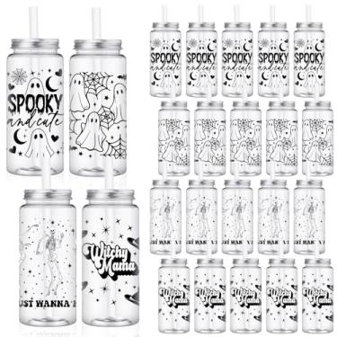 Imagem de Meanplan 24 peças de copo de plástico fantasma de Halloween com tampas e canudos a granel 382 g reutilizável fantasma assustador esqueleto bruxa mama copo canecas de café presentes para lembrancinhas
