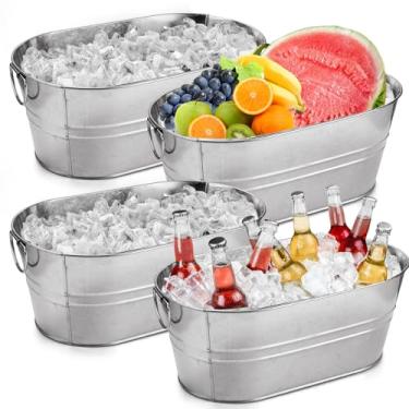 Imagem de LOPYXBR Balde de gelo galvanizado de 4 peças de 4 galões para festas com alças de transporte, banheira galvanizada com alças, banheira de aço inoxidável de 4 galões para festas, baldes de metal para