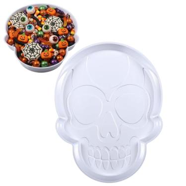 Imagem de SiliFine Bandejas de festa de Halloween de 35 cm, pratos de plástico em forma de crânio, bandejas descartáveis para lanches e doces para doces ou travessuras, suprimentos de festa de Halloween