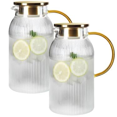 Imagem de Jarra de vidro com tampa, jarra de borossilicato resistente ao calor de 2 peças, jarra de água listrada vertical para chá gelado, suco, limonada, café, leite, bebida fria, servidor de bebidas na