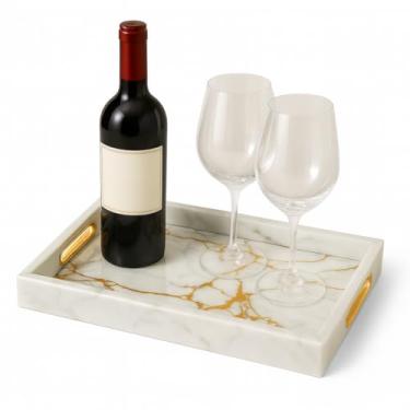 Imagem de Bandeja Decorativa Efeito Marmorizado Luxo Moderono 23x33x4cm PS e Vidro Temperado Detalhes Dourados Suporta até 12kg Sala Cozinha Banheiro Escritório