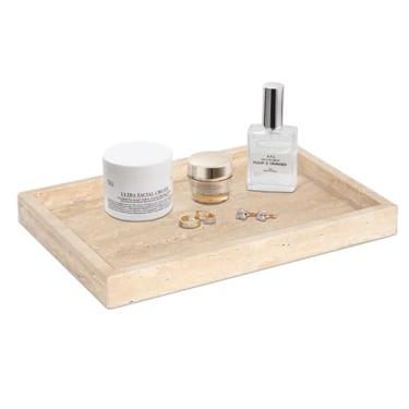 Imagem de XINFUHUA Bandeja de banheiro travertino, bandeja de pedra para bancada, organizador de pedras decorativas para pia, joias e perfumes (bege, 30 x 20 x 3 cm)