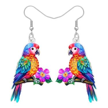 Imagem de DALANE Brincos pendentes de papagaio tropical havaiano colorido acrílico arara com design de flores, joias para amantes de pássaros, pingentes femininos, Medium, Acrílico Aço inoxidável, Sem pedra
