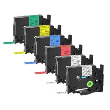 Imagem de Conjunto combo Greencycle com 6 unidades, compatível com Brother P-Touch Tze Tape 12 mm 0,47 preto laminado em branco vermelho claro azul amarelo verde TZ131 TZ231 TZ431 TZ531 TZ631 TZ731, 1/2" x 26,2 pés