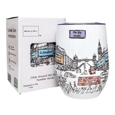 Imagem de Beary Blu Cidades ao redor do mundo Série de copos de 355 ml - Projetado nos EUA - Copo isolado a vácuo com tampas - Caneca de viagem de aço inoxidável para vinho e café, água, para bebida quente e