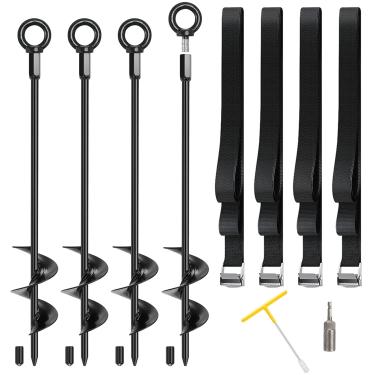 Imagem de Estacas de trampolim, pacote com 4 âncoras de trampolim de 45,72 cm, kit resistente, âncoras de solo com tiras de amarração ajustáveis para trampolins conjunto oscilante tenda dossel RV toldo estacas