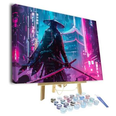 Imagem de Rebotipy Kit de pintura a óleo faça você mesmo, pintura moderna de um samurai, pintura de fantasia Cyberpunk por números, para adultos iniciantes com pincéis para decoração de parede de casa