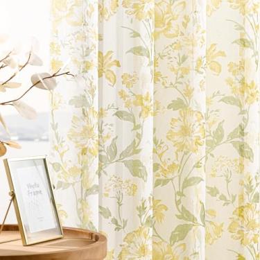 Imagem de Cortinas francesas para janela de 153 cm de comprimento, 2 painéis para decoração de quarto, quinta, amarelo, floral, transparente, filtro de luz, bolso para varão, privacidade, cortinas de janela