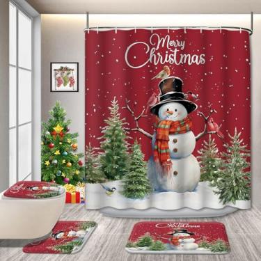 Imagem de Conjunto de decoração de banheiro de Natal com cortina de chuveiro, tapete, tampa de vaso sanitário e tapete - Design de boneco de neve e árvore - Conjunto de banheiro vermelho - Cortina de tecido