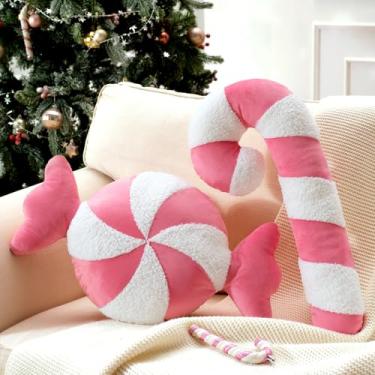 Imagem de Ashler Merry Christmas Almofadas em forma de doce, conjunto de 2 almofadas de pelúcia sherpa de lã de ovelha, almofada de Natal para sofá, cama e sala de estar, rosa