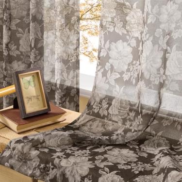 Imagem de Cortinas marrons 182 cm de comprimento, 2 painéis para quarto, bolso de varão, filtragem de luz, vintage, elegante, cortinas florais para decoração de quarto, corredor, tratamento clássico de janela