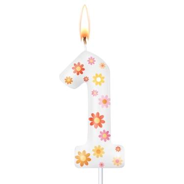 Imagem de Conelist Número margarida, vela de aniversário, flor rosa, margarida, topo de bolo para meninas, tema boho, aniversário, chá de bebê, decoração de bolos (branco, número 1)