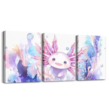 Imagem de Manfei Lindo conjunto de 3 peças de arte de parede em tela Axolotl, desenhos animados, animais, decoração de parede, arte para sala de estar, quarto, pinturas kawaii, tema da vida do oceano, decoração
