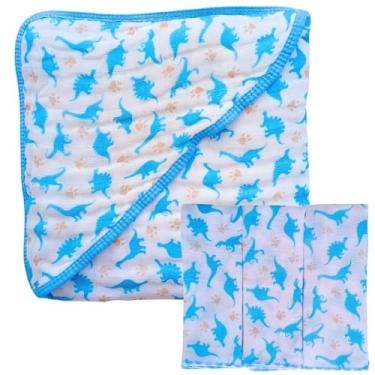 Imagem de Kit Toalha de Banho Bebê com Capuz Fralda Grossa 100% Algodão + 3 Panos de Boca Babete Enxoval Menino Menina (Dinossauro Azul)