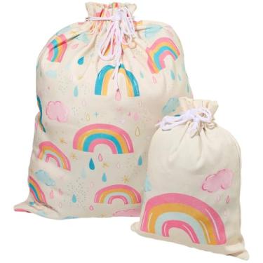 Imagem de CREATCABIN 2 tamanhos de bolsa de presente com cordão arco-íris 50,8 cm grande 30,5 cm pequeno tecido boho reutilizável sacos de embrulho bolsa de presente para presente aniversário festa de casamento