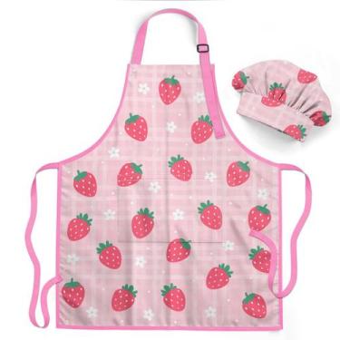 Imagem de Avental infantil SANDJEST Strawberry com bolso e chapéu de chef