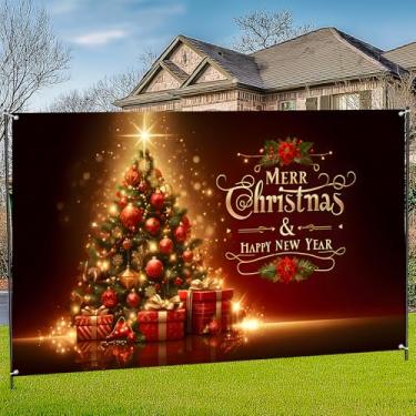 Imagem de Grandes decorações de banner de Natal bandeira vermelha presentes de feliz natal para decoração de casa interna suprimentos de festa, fundo de placa de quintal para fotografia (árvore de Natal, 188 x