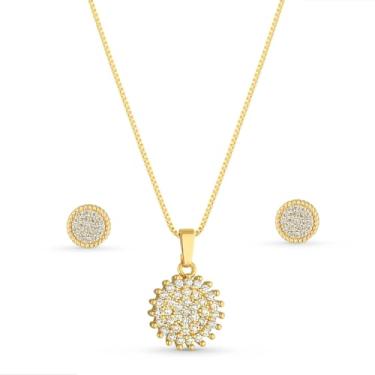 Imagem de Conjunto Colar e Brinco Redondo Pedras de Zircônias Semi Joias Banhado Ouro 18k Presente Inesquecivel
