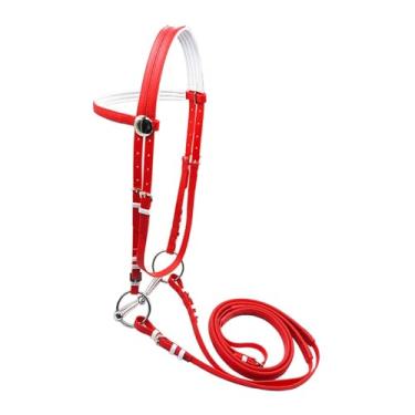 Imagem de menolana Rédea de cavalo com rédea, cabresto, equipamento equestre, arreios, coleira, cabresto, corda para montaria em trilha, L Red