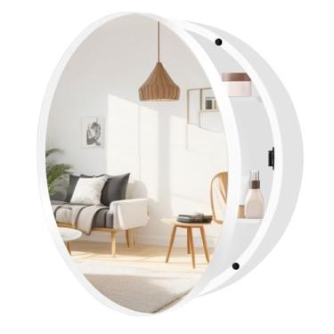 Imagem de Armário de remédios redondo de 50 cm com espelho, armário de remédios de banheiro branco para parede com moldura de metal, armário de armazenamento circular apenas para montagem em superfície com