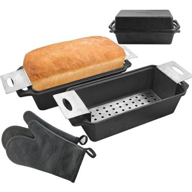 Imagem de Forma de pão de ferro fundido 2 em 1 com tampa - Formas de pão duráveis, forma retangular, distribuição uniforme de calor para assar em casa (conjunto de 3 peças, tapete de grelha de aço inoxidável
