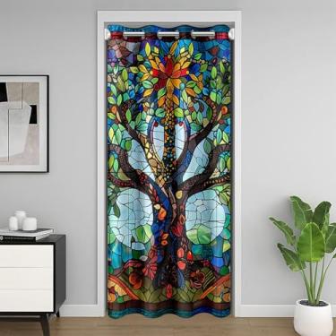 Imagem de Cortina de porta árvore da vida para privacidade de porta, paisagem abstrata, natureza, closet, porta, cortina, para quarto, arte moderna, geometria, escurecimento, cortina, azul, verde, vermelho, L80