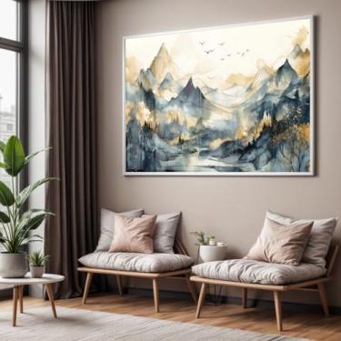 Imagem de Quadro com Moldura e Acrilico Cristal Vidro Sala Quarto Paisagem Abstrato Montanhas Azul Bege Decorativo Horizontal Grande Hall