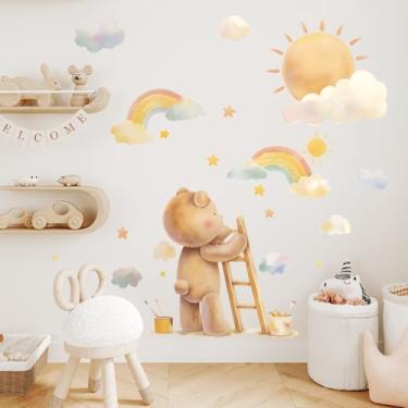 Imagem de RoyoLam Decalques de parede de ursinho de pelúcia arco-íris adesivos de vinil de animais de desenho animado para quarto de crianças e berçários, decoração de quarto e sala de jogos, arte de parede