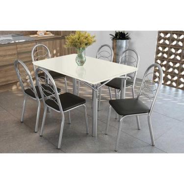 Imagem de Sala de Jantar Completa Elba Tampo Madeirado c/ Vidro 120cm e 6 Cadeiras Holanda Cromada/Off White - Corano Preto - Kappesberg