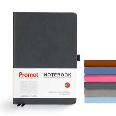 Imagem de Promot Caderno de diário forrado – Caderno de escrita premium A5, 192 páginas, médio 14 x 21 cm, papel grosso de 100 g/m², couro PU, laço para caneta, bolso interno, faixa elástica – caderno preto capa dura