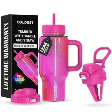 Imagem de Copo Coldest com alça e tampa de café - Copo 100% à prova de derramamento com canudo (3 tampas) - Copos isolados de aço inoxidável à prova de vazamento para mulheres e homens - Adequado para