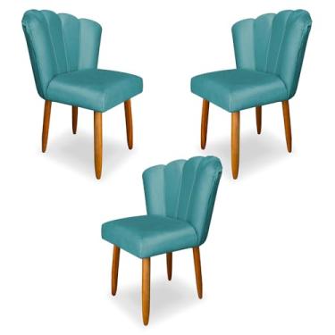 Imagem de Kit 3 Cadeiras de Jantar Pétala Estofada Pés Palito Veludo Azul Turquesa - Montanaris Decor