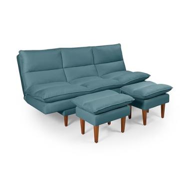 Imagem de Sofá-Cama Chaise Vancouver 3 Lugares com Banquetas Reclinável em 5 Posições Tecido Suede Aveludado Premium Azul Turquesa