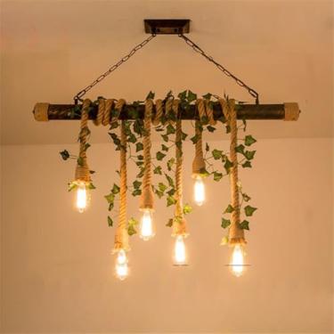 Imagem de OUFULA Luminária pendente estilo pastoral americano para casa e hotel Caixa Balcão Bar Café Música Restaurante Planta Decoração Retro Criatividade Corda de cânhamo Lustre (F 6 luzes)