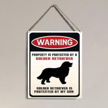 Imagem de Engraçado Golden Retriever Advertência Decoração de Parede Amantes de Cães Presentes para Mulheres Homens Amigos Vizinhos Retro Cuidado com Placas de Cachorro para Cerca Casa Quintal Jardim Varanda
