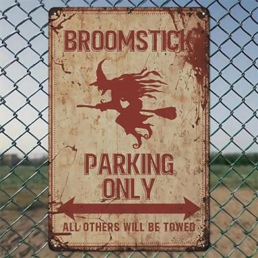 Imagem de Placa de estacionamento de vassoura voadora de bruxa decorações de Halloween arte de parede de alumínio rústico e placa de metal - 20 x 30 cm decoração vintage para ambientes internos e externos para