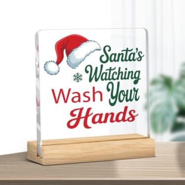 Imagem de Decoração de banheiro de acrílico de Natal com base 10 × 10 cm design de Papai Noel acabamento brilhante enfeite de mesa presente para reuniões de férias uso doméstico Papai Noel assistindo lavar suas