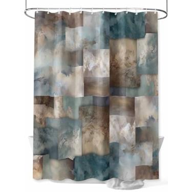 Imagem de Cortina de chuveiro com blocos abstratos marrom petróleo, quadrados geométricos modernos, impermeável, lavável, conjunto de cortinas de banheiro para decoração de banheiro, 182 x 182 cm de comprimento