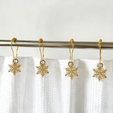 Imagem de Flocos de neve, ganchos de cortina de chuveiro, 12 peças, anéis decorativos de cortina de chuveiro dourados para inverno, ação de graças, Natal; cabides de cortina de chuveiro de resina para decoração