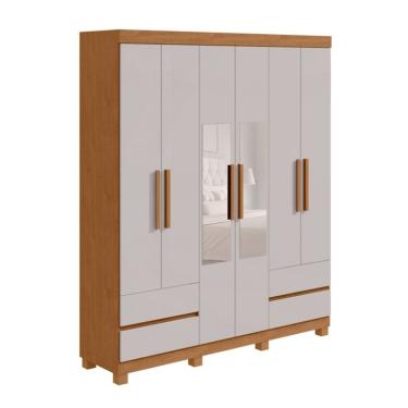 Imagem de Guarda-Roupa Casal com Espelho Zeus com Pés 6 Portas 4 Gavetas Off White e Amêndoa