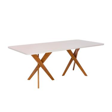Imagem de Mesa de Jantar Retangular com Tampo de Vidro Cacau Off White e Madeira 210 cm
