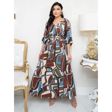 Imagem de Vestido Longo Feminino Soltinho Rodado Verão Estampado Manga 3/4 - Fas