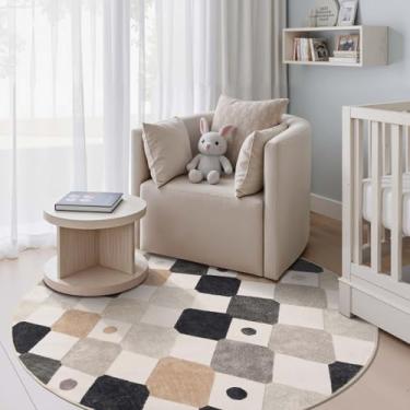 Imagem de jinchan Tapete redondo infantil lavável de 1,5 m, colorido, treliça, cobertura, antiderrapante, macio, moderno, sala de estar, diamante, tapete para berçário, quarto, sala de jogos, mármore em creme