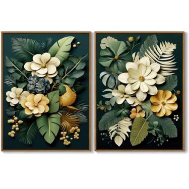 Imagem de 2 peças de arte de parede botânica de flor natural verde amarelo impressão em tela pintura plantas florais tropicais imagens decoração de parede para sala de estar quarto banheiro decoração de